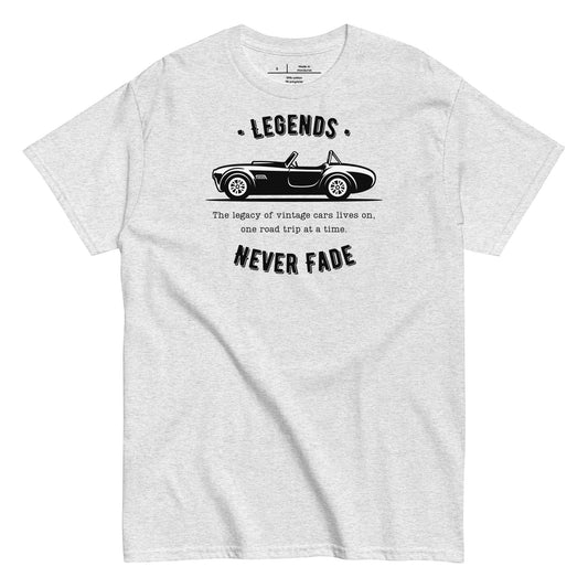 Gray t-shirt with black vintage car graphic and text on a white background
