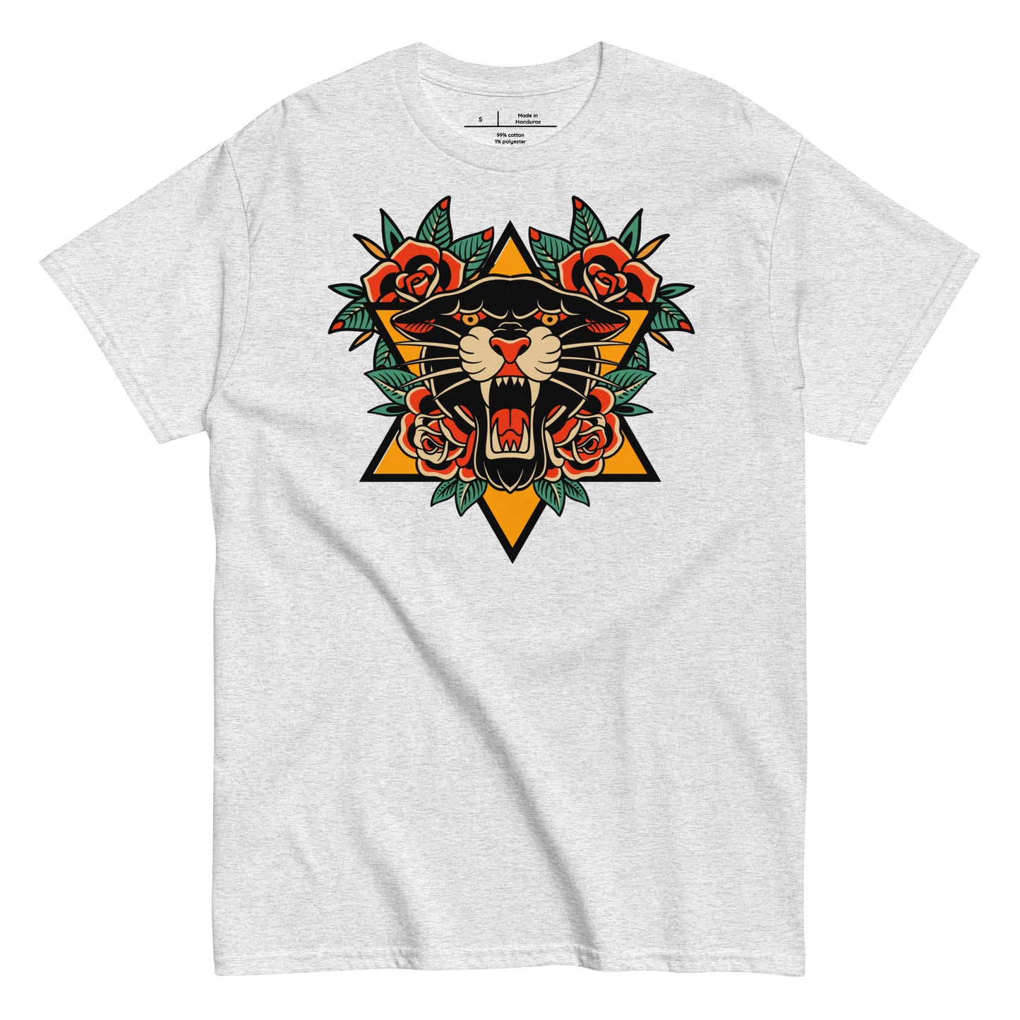 White t-shirt with a panther and floral design on a white background