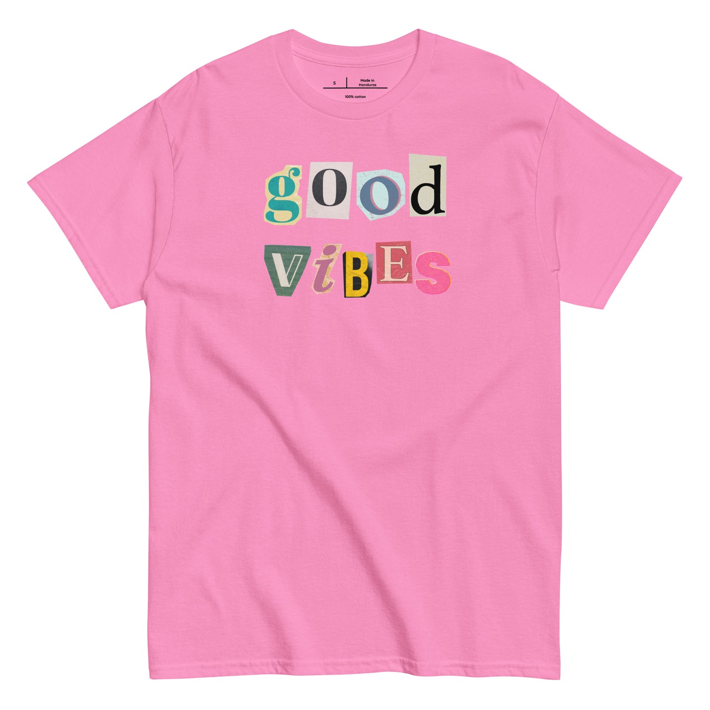 Pink t-shirt with 'good vibes' text in colorful letters on a white background