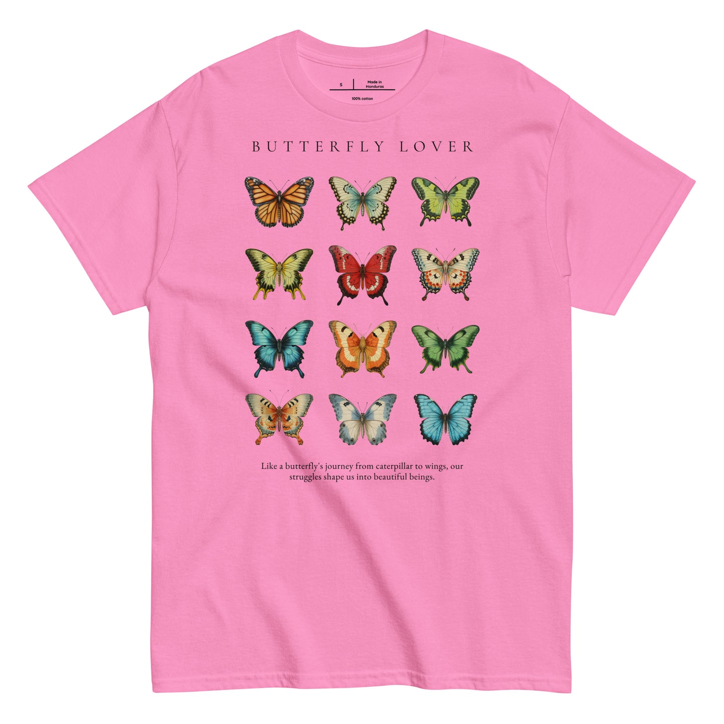 Pink t-shirt with colorful butterfly design and text on a white background