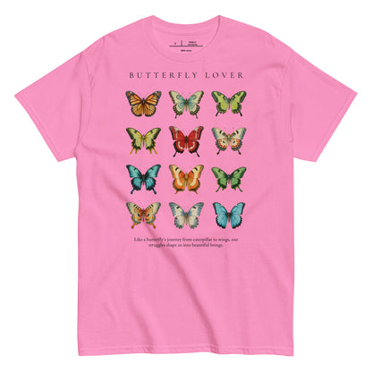 Pink t-shirt with colorful butterfly design and text on a white background