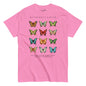 Pink t-shirt with colorful butterfly design and text on a white background