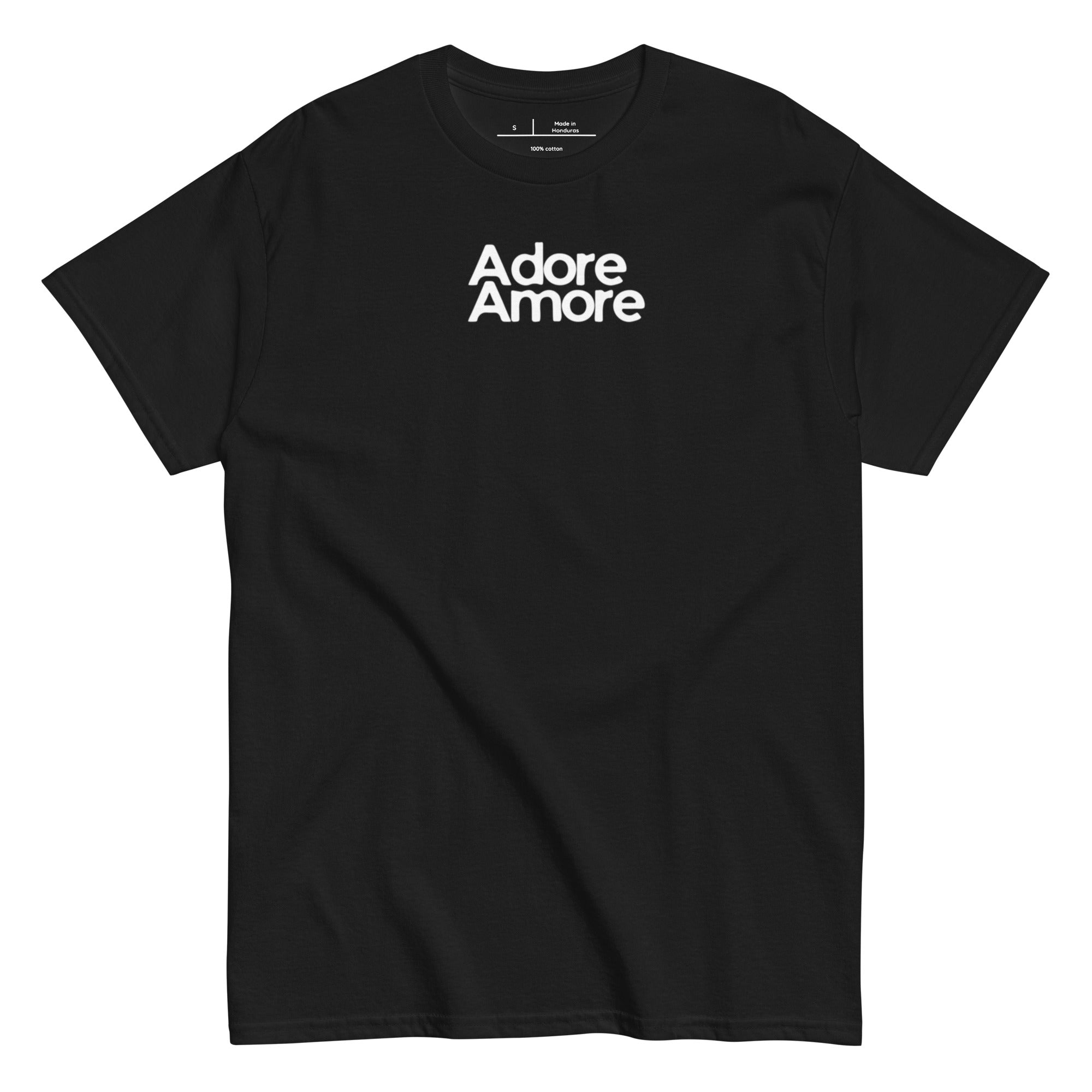 Black t-shirt with 'Adore Amore' text on a white background