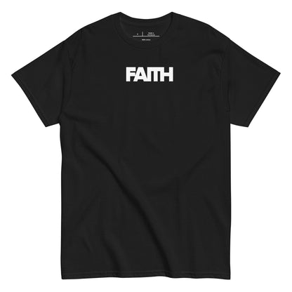 Black t-shirt with 'FAITH' printed in white on a white background
