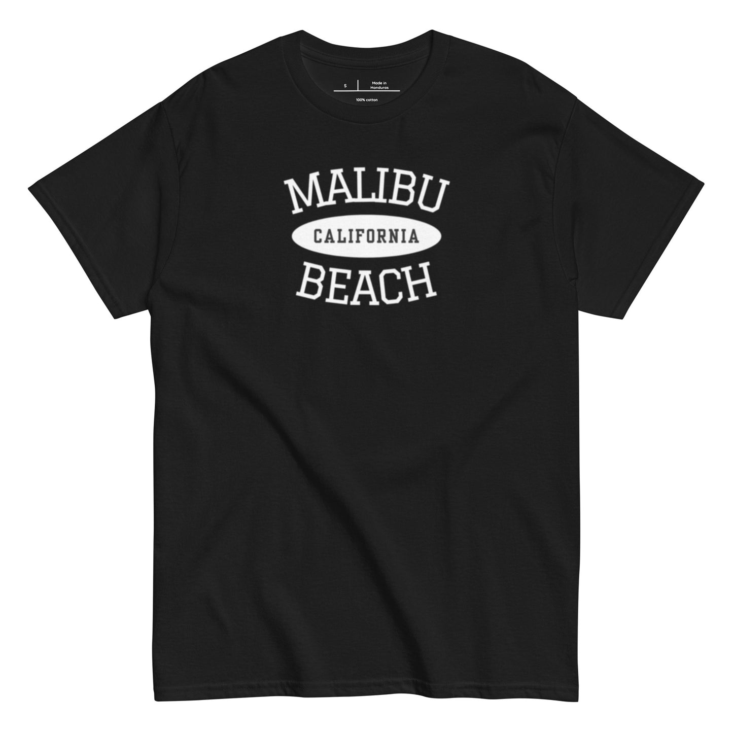 Black t-shirt with 'Malibu California Beach' text on a white background