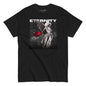 Black t-shirt with an angel holding a red rose and 'Eternity' text design on a white background