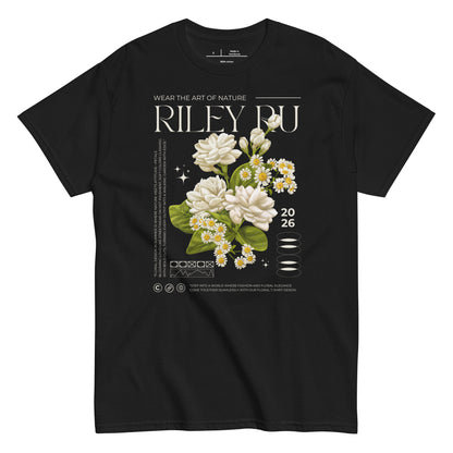 Black t-shirt with floral design and 'Riley Ru' branding on a white background