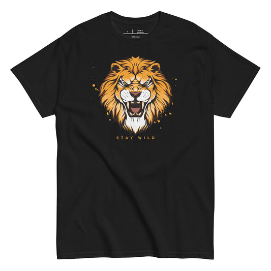 Black t-shirt with a lion graphic and 'Stay Wild' text on a white background