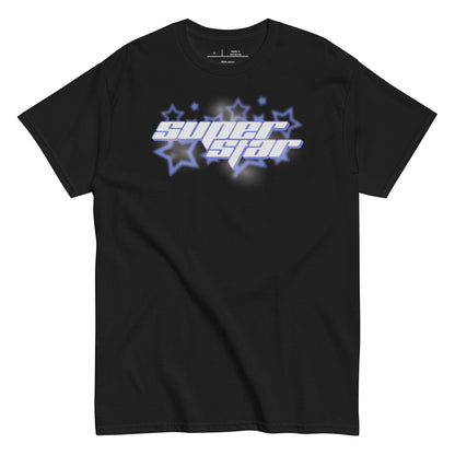Black t-shirt with 'Super Star' graphic design on a white background