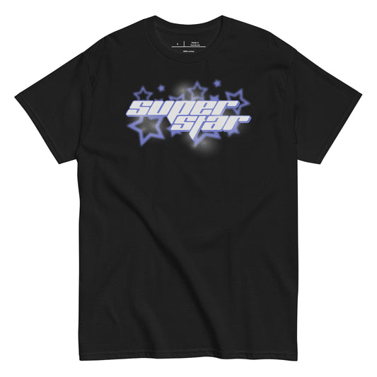 Black t-shirt with 'Super Star' graphic design on a white background