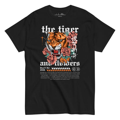 Black t-shirt with a tiger and floral design on a white background