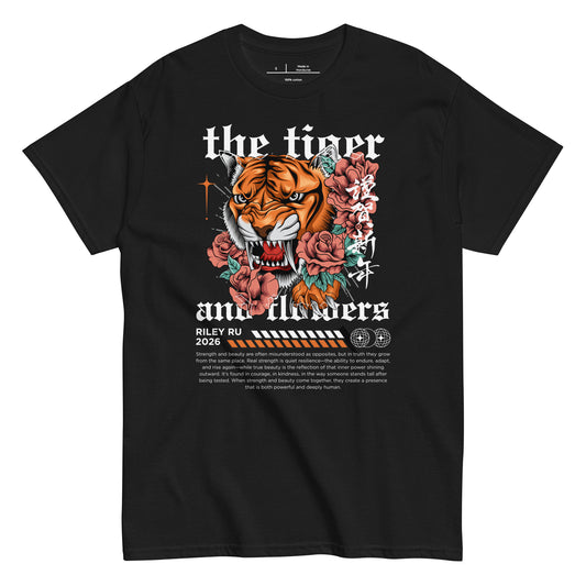 Black t-shirt with a tiger and floral design on a white background