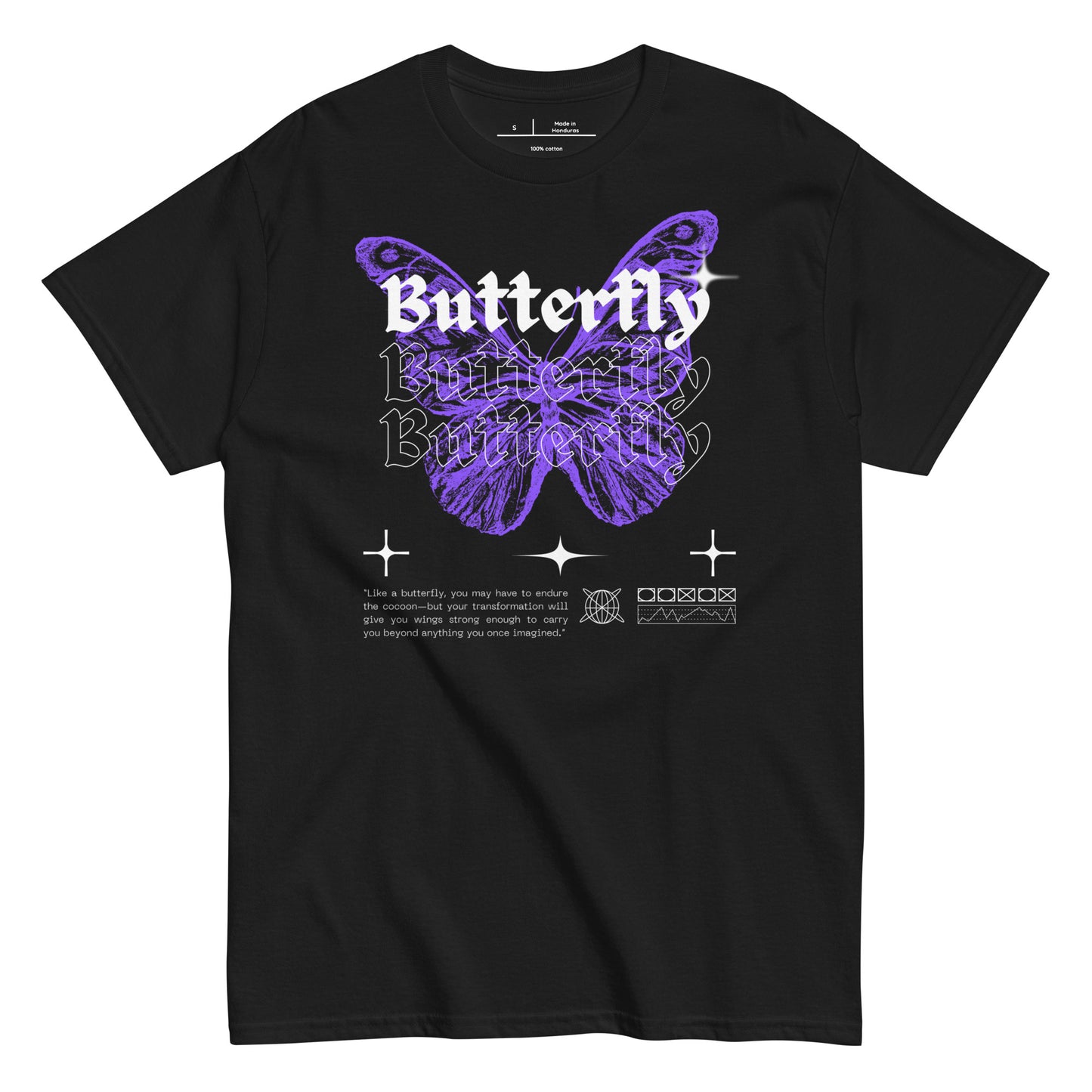 Black t-shirt with a purple butterfly design and text on a white background