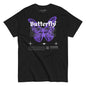 Black t-shirt with a purple butterfly design and text on a white background