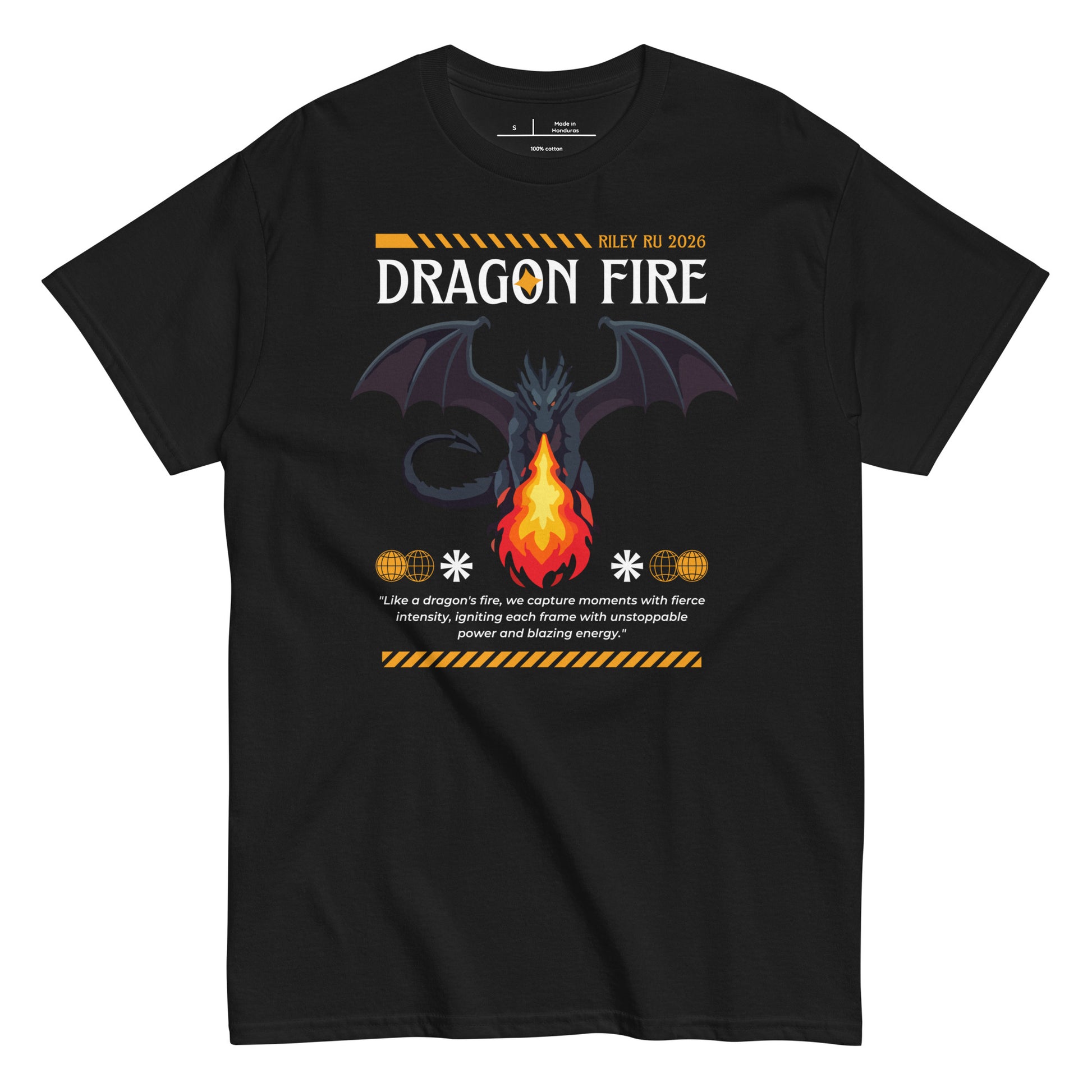 Black t-shirt with dragon graphic and text on a white background