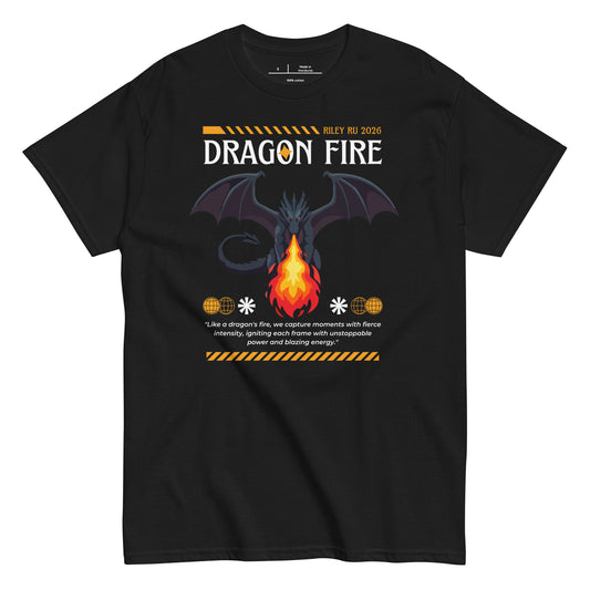Black t-shirt with dragon graphic and text on a white background