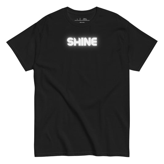 Black t-shirt with 'SHINE' text on a white background