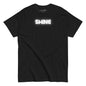 Black t-shirt with 'SHINE' text on a white background