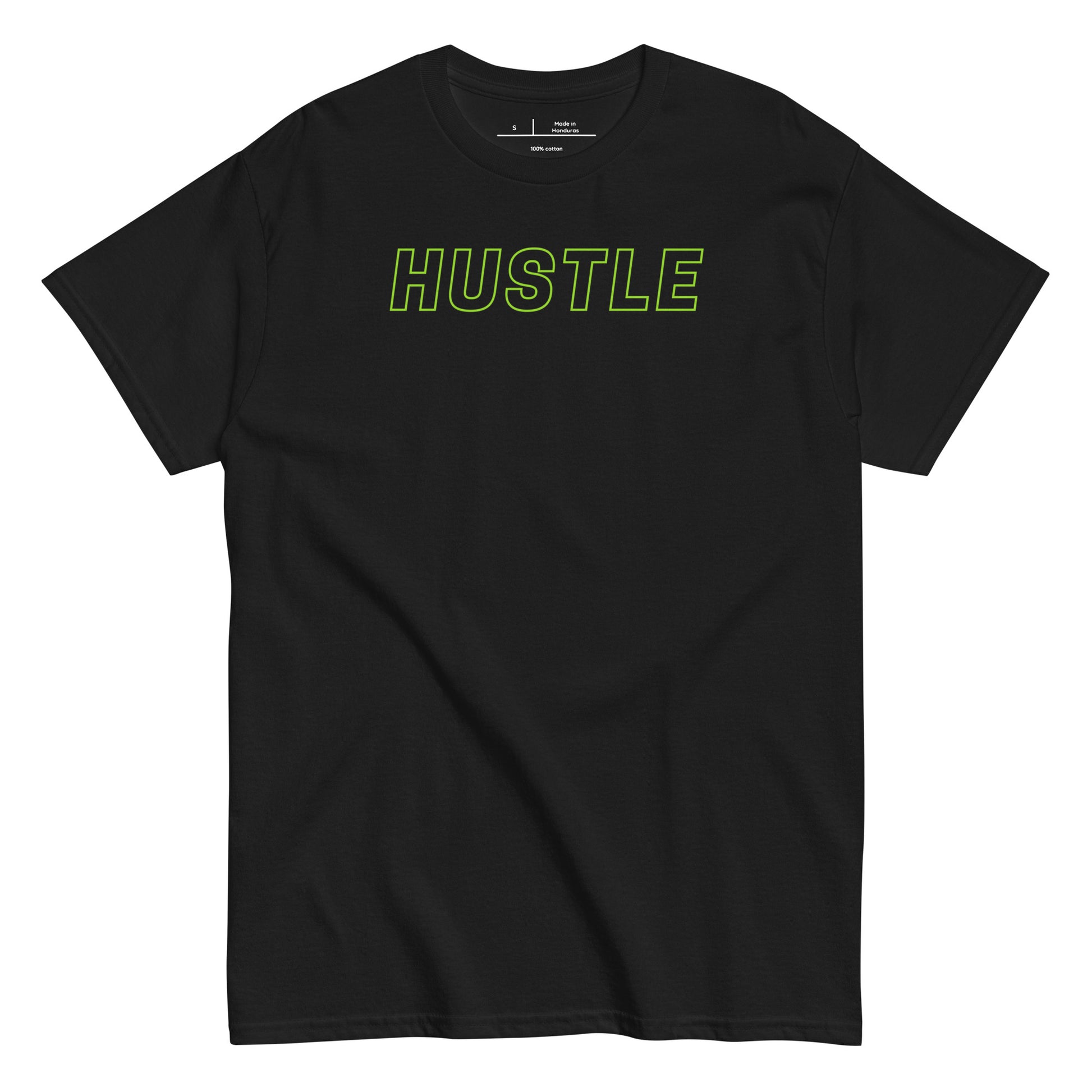Black t-shirt with a small graphic and text on a white background