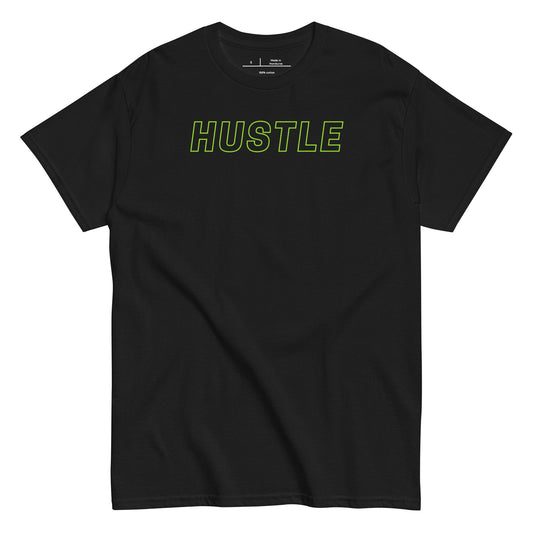Black t-shirt with a small graphic and text on a white background