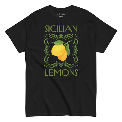 Black t-shirt with 'Sicilian Lemons' graphic design on a white background