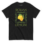 Black t-shirt with 'Sicilian Lemons' graphic design on a white background