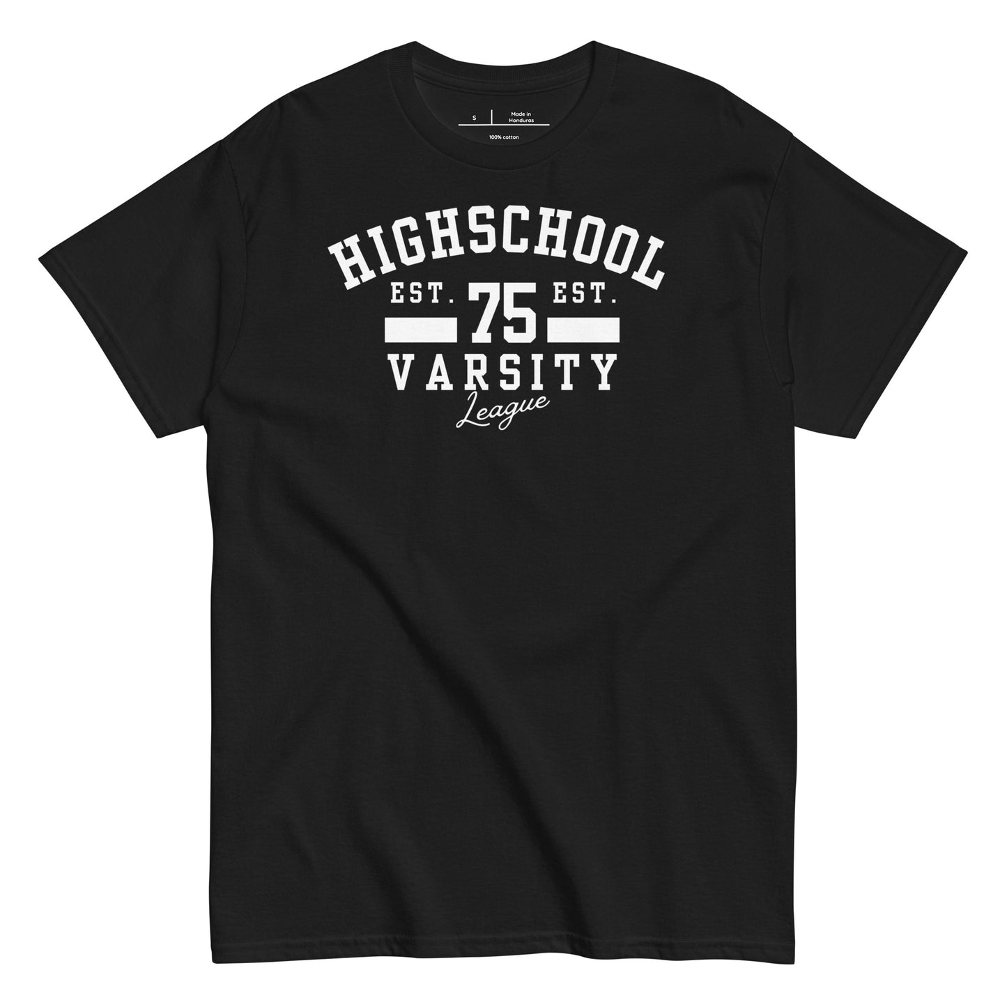Black t-shirt with white text 'Highschool Varsity League' on a white background