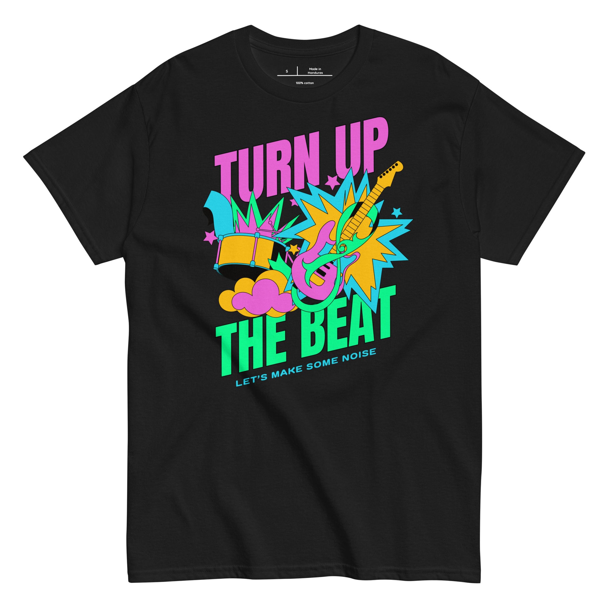 Black t-shirt with colorful graphic and text 'Turn Up The Beat' on a white background