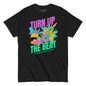 Black t-shirt with colorful graphic and text 'Turn Up The Beat' on a white background