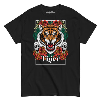 Black t-shirt with a tiger graphic design featuring flowers and skulls on a white background