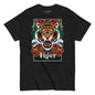Black t-shirt with a tiger graphic design featuring flowers and skulls on a white background