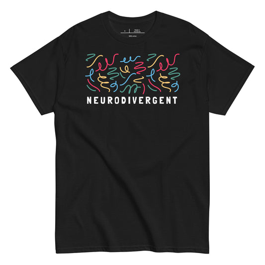 Black t-shirt with colorful design and 'NEURODIVERGENT' text on a white background