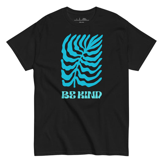 Black t-shirt with blue leaf design and 'Be Kind' text on a white background