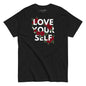 Black t-shirt with 'Love Your Self' text and red roses on a white background
