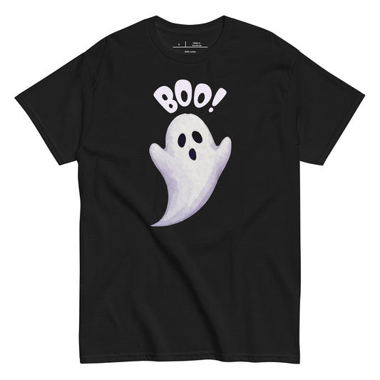 Black t-shirt with a ghost and 'BOO!' text design on a white background