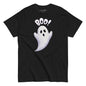 Black t-shirt with a ghost and 'BOO!' text design on a white background