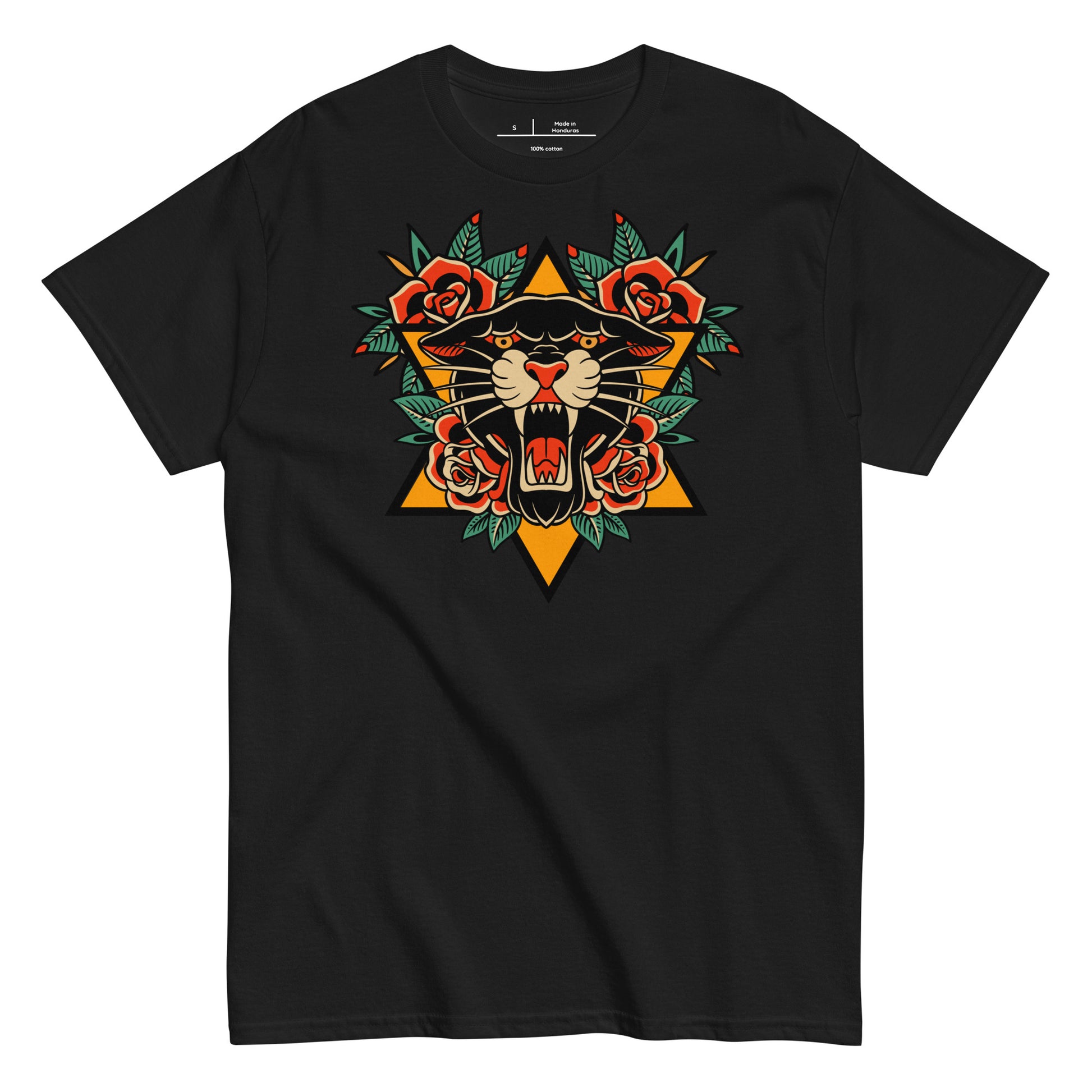 Black t-shirt with a panther and floral design on a white background