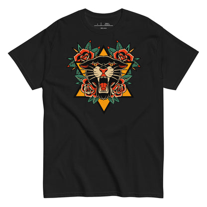 Black t-shirt with a panther and floral design on a white background