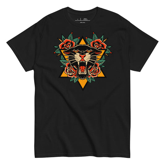 Black t-shirt with a panther and floral design on a white background