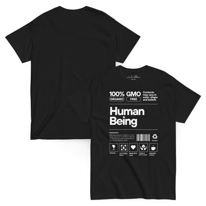 Black t-shirt with white text and graphics on a white background