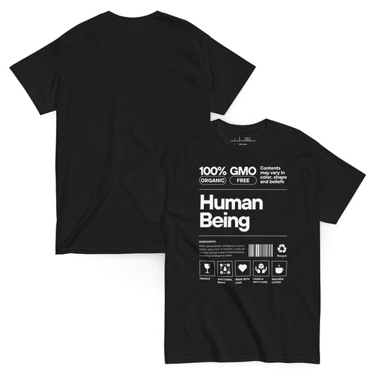 Black t-shirt with white text and graphics on a white background