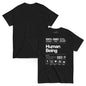 Black t-shirt with white text and graphics on a white background