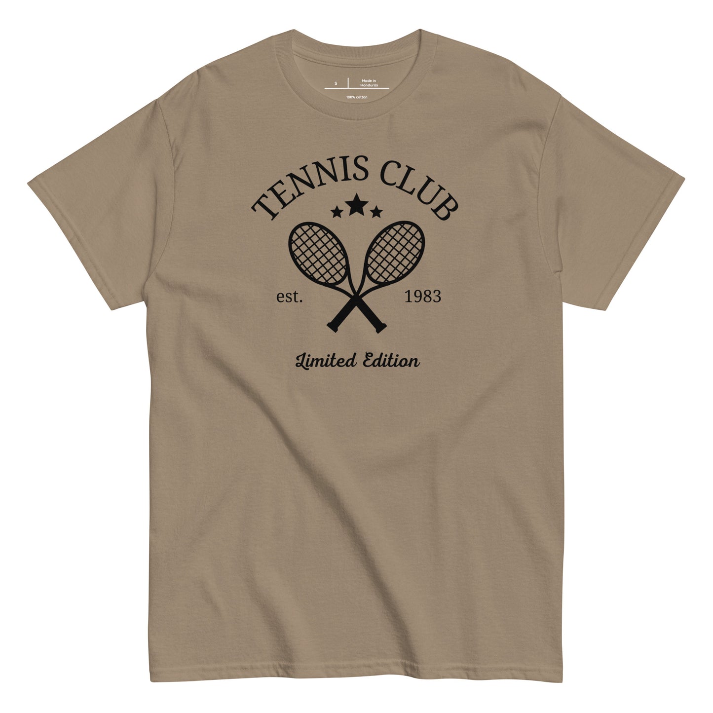 Beige t-shirt with tennis club graphic and text on a white background