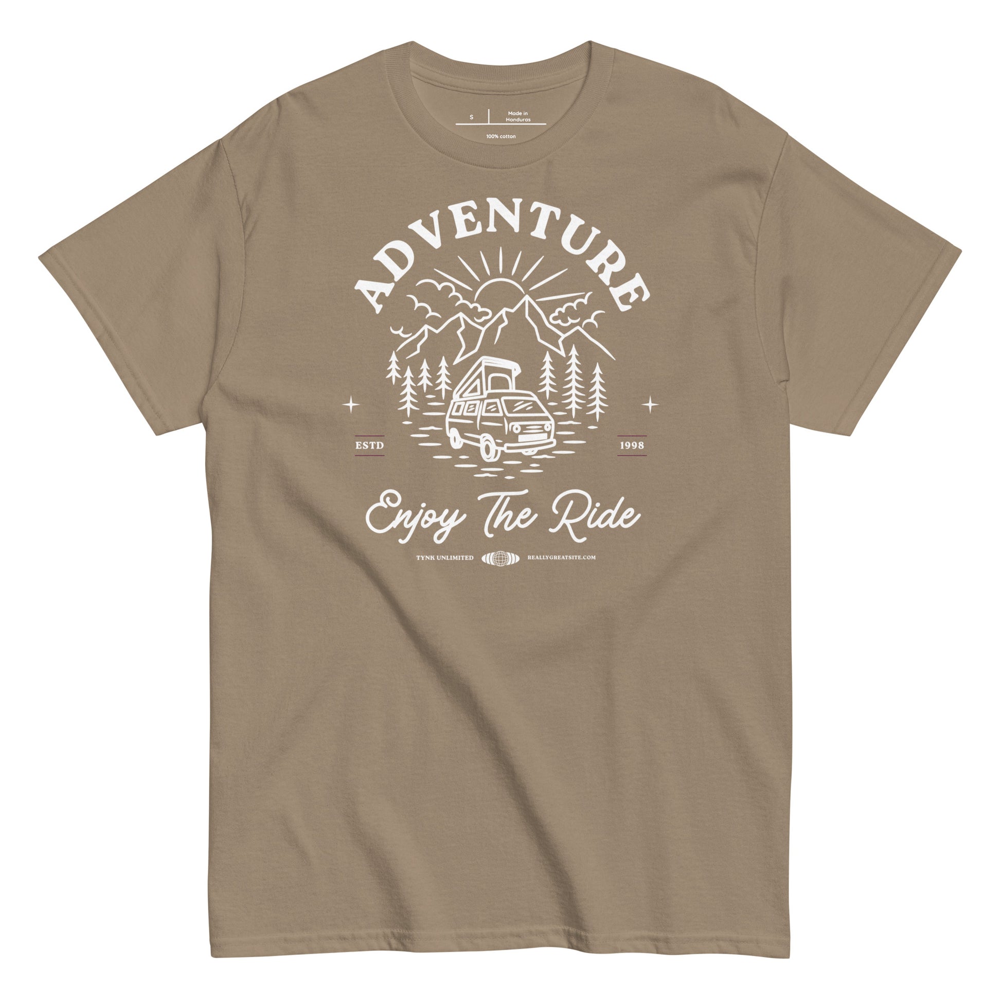 Brown t-shirt with white graphic and text 'Adventure Enjoy The Ride' on a white background