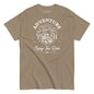 Brown t-shirt with white graphic and text 'Adventure Enjoy The Ride' on a white background