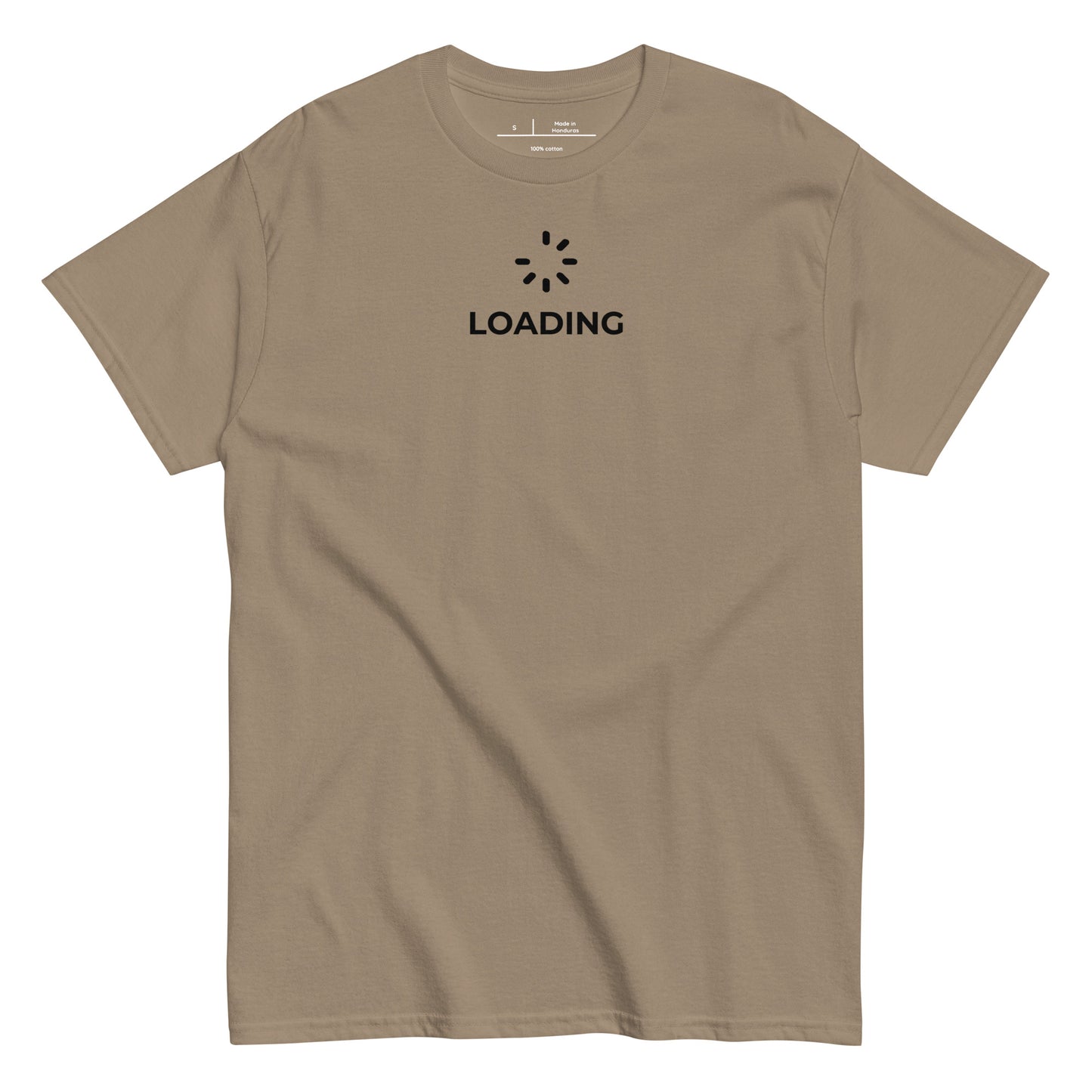 Beige t-shirt with blue text on a white background