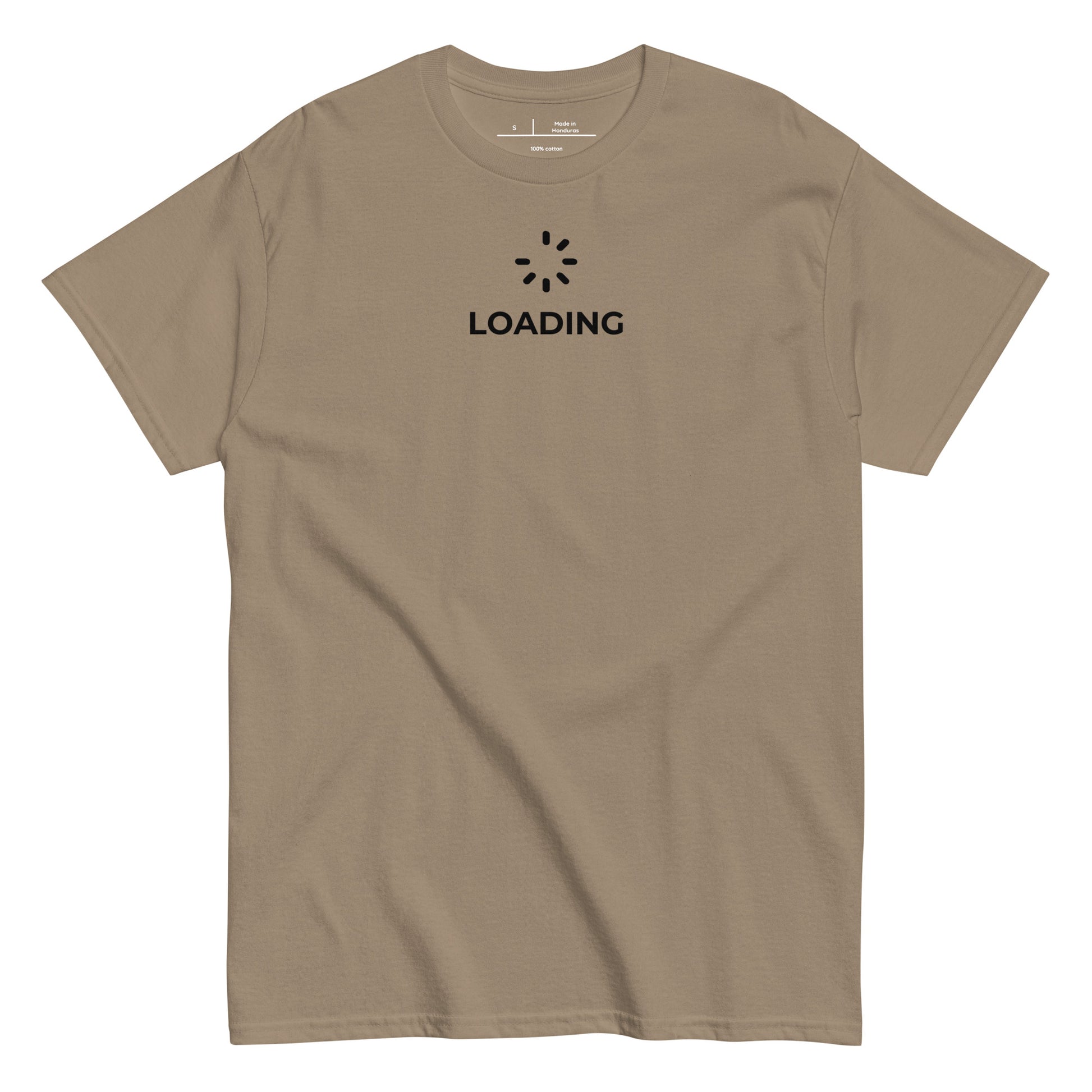Beige t-shirt with blue text on a white background