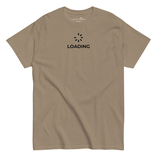 Beige t-shirt with blue text on a white background