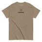 Beige t-shirt with blue text on a white background