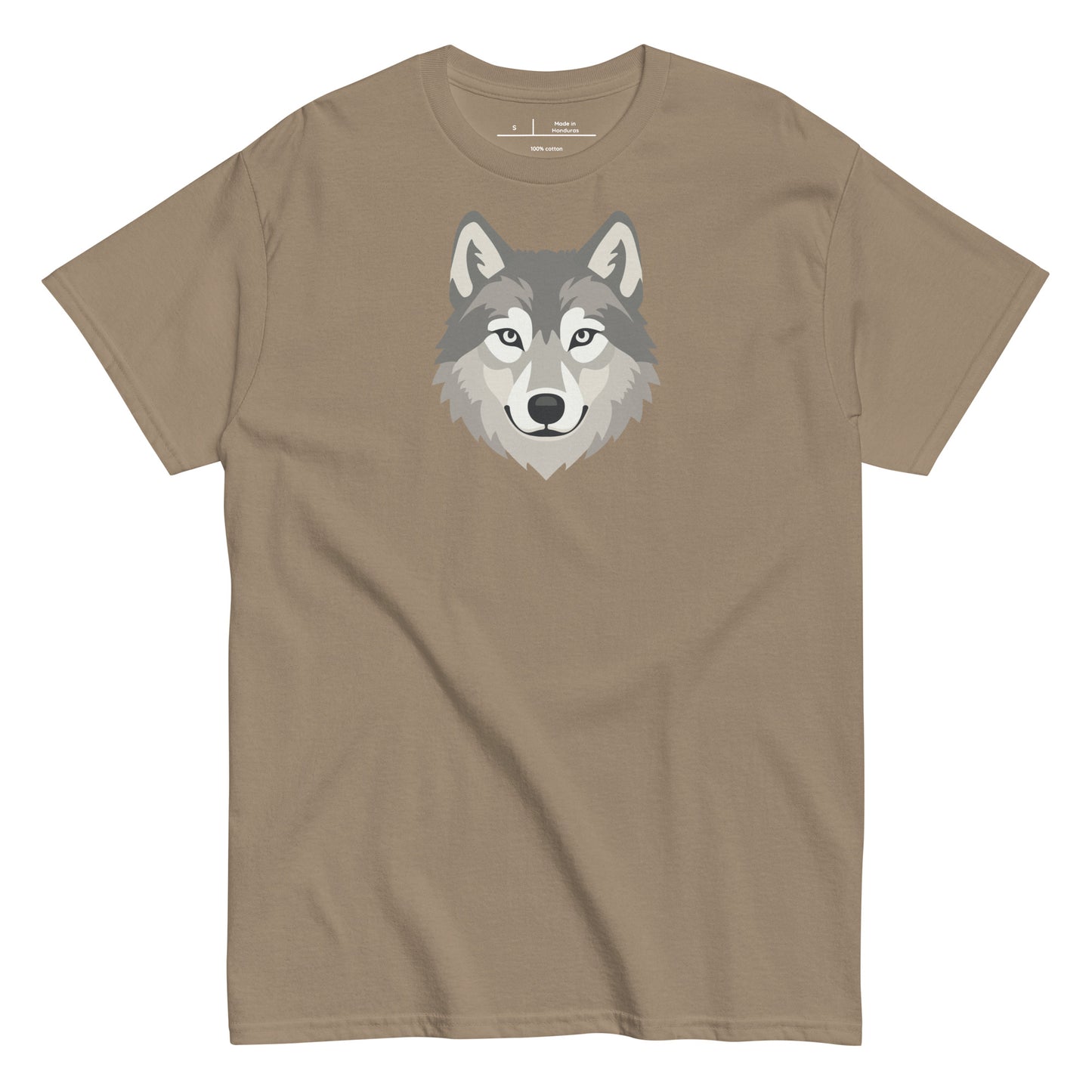 Brown t-shirt with a wolf graphic on a white background